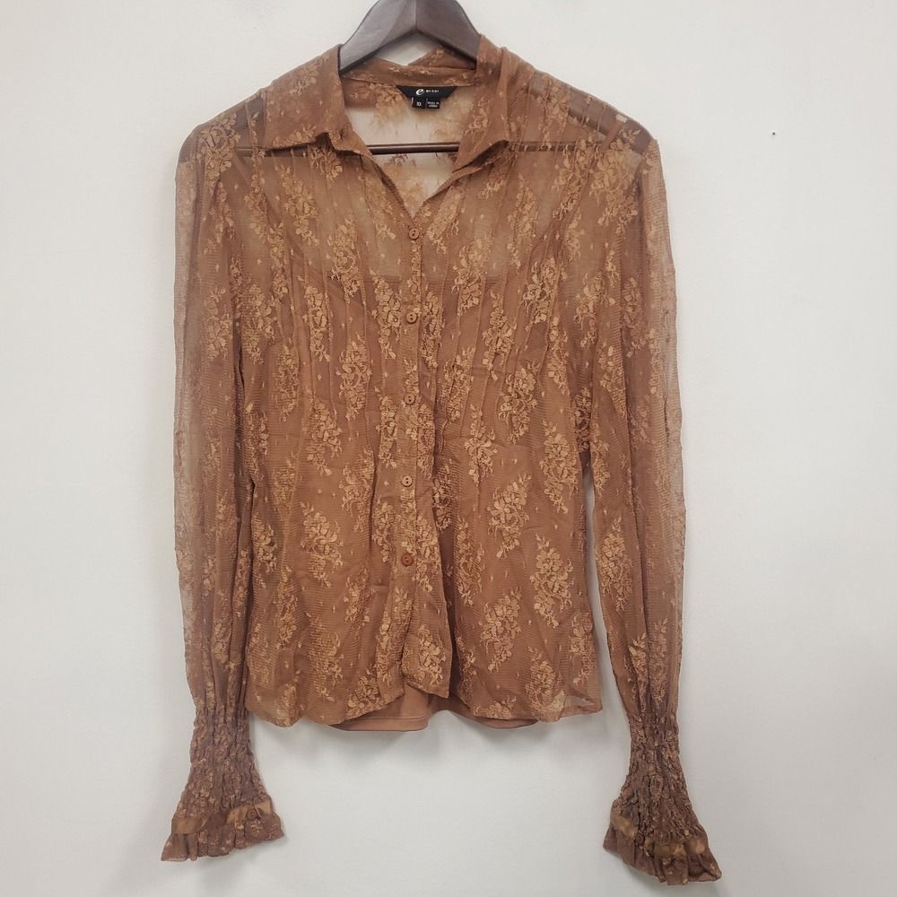 Eci Womens Lace Top Size 10 Whimsigoth Button Flare Sleeve Sheer Layer Brown‎